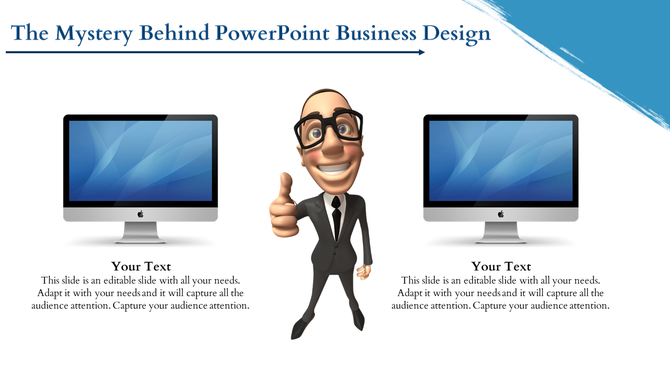 Illustration of a man in a suit giving a thumbs up between two blue themed computer screens, with text boxes below.