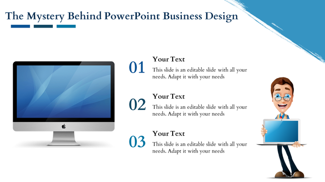 Business design slide featuring a blue monitor, three text placeholders, and a cartoon with glasses holding a laptop.