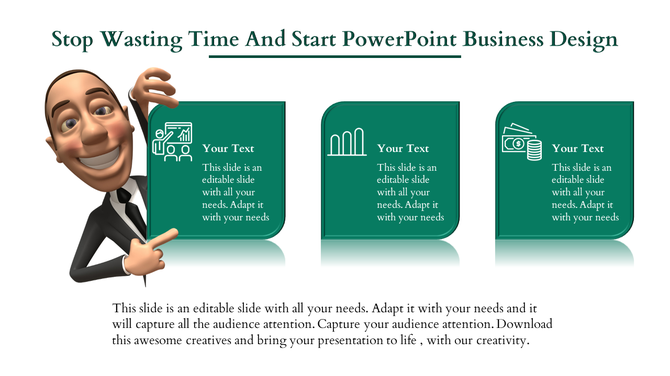 PowerPoint business design template with animated characters and text boxes for various business concepts with icons.