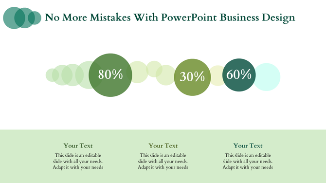Circular business infographic with percentages 80%, 30%, and 60% in green bubbles aligned horizontally.