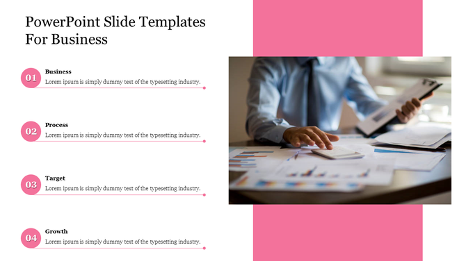 Business  slide with four pink-numbered sections, alongside an image of a professional analyzing documents.