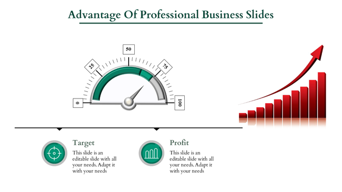 Gauge infographic with 75% progress, red growth chart, and two green icons for target and profit at the bottom.