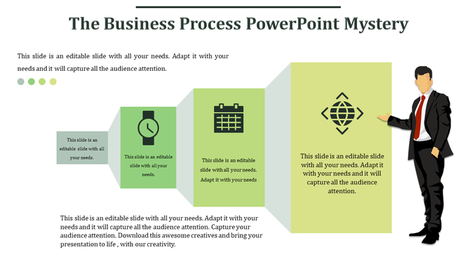 Business process slide with four green gradient rectangles featuring icons and text, along with a businessman illustration.