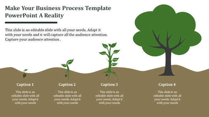 Illustration of growth process with four captions on a brown backdrop, depicting stages from seedling to a full grown tree.