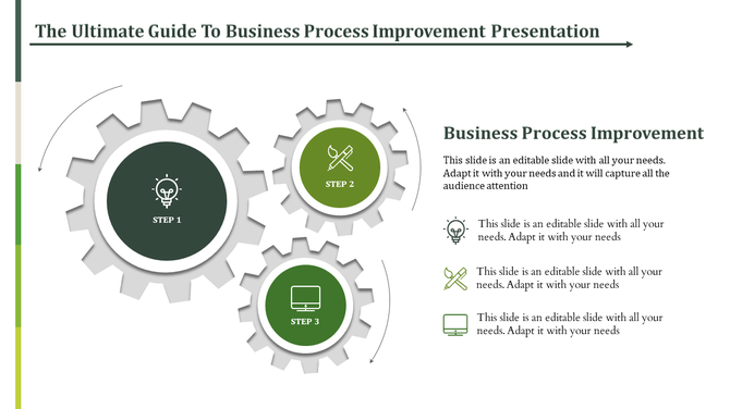 PowerPoint slide with three steps for business process improvement, illustrated with gears and icons with placeholder text.