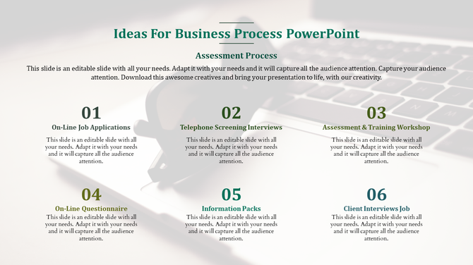 Business process slide shows six steps in the assessment process with a laptop background.