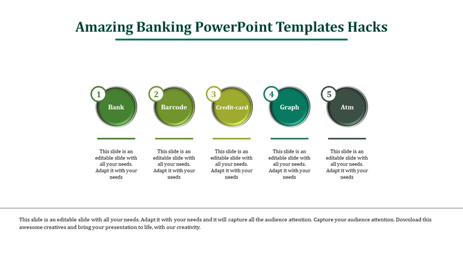 Creative slide showcasing five banking related icons with descriptions, including bank, barcode, credit card, graph, and ATM.