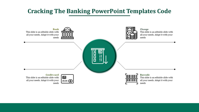 Banking template featuring a central icon linked to four surrounding icons illustrating key banking concepts.