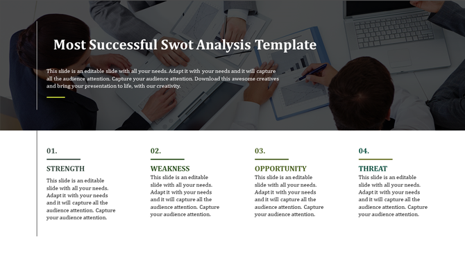 SWOT analysis slide with a blurred meeting background and four numbered captions on a white bottom area.