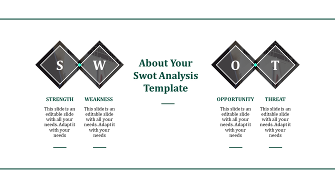 A modern SWOT slide with diamond-shaped visuals for S, W, O, T, and placeholder text for descriptions.