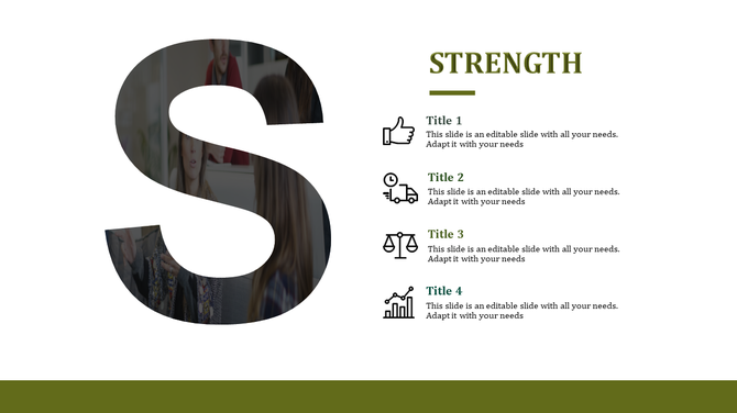 SWOT slide focused on strength, featuring a large transparent S with a background image and four captions with icons.