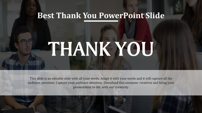 Thank you slide with bold white text on a blurred background of a group discussion, featuring a transparent text overlay.