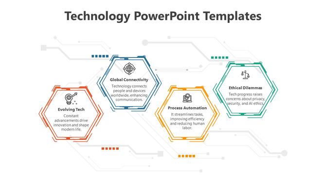 Technology-themed infographic with four hexagonal frames in orange, blue, yellow, and green, each containing icons. 