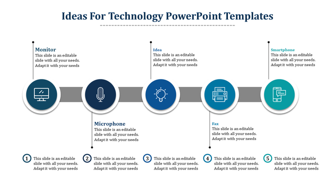 Flowchart style technology slide showing icons from monitor to smartphone with icons and placeholder text.