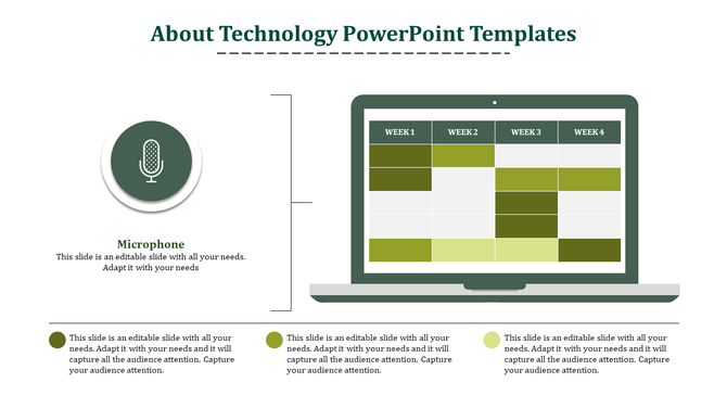 Technology PowerPoint template with a microphone icon and a calendar layout showing four weeks on a laptop screen.