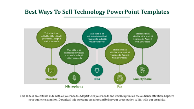 Infographic with four green ovals linked to circular icons, representing technology concepts on a gray background.