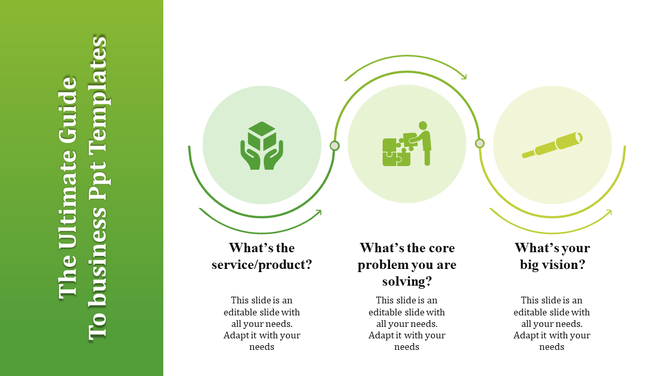 Slide with green vertical side panel and three circles with icons and curved arrows connecting them, with text below.