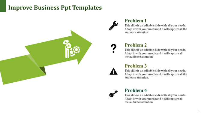 Business slide featuring a large green arrow, and four problem descriptions with icons listed on the right.