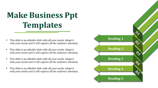 Green themed business slide with five arrow shaped ribbons labeled 01 to 05, aligned vertically with headings.