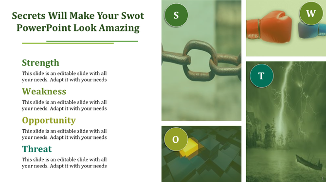 SWOT analysis slide with four sections paired with images of a chain, boxing gloves, a lightning storm, and a cube.