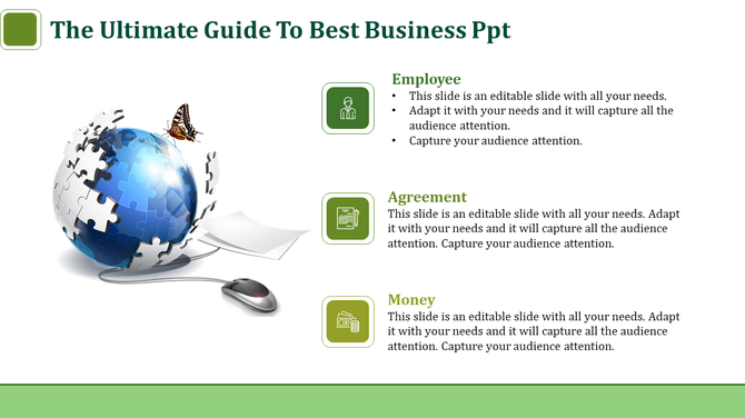A business PPT slide showing a globe made of puzzle pieces with a butterfly, and three sections with icons and text area.