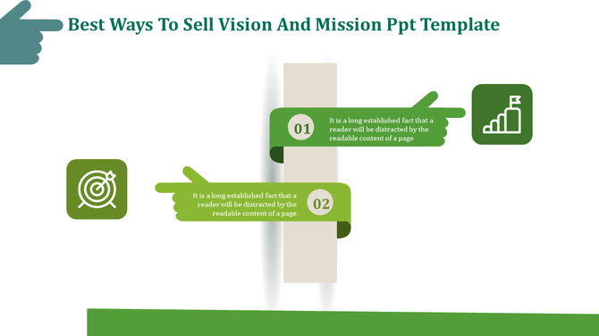 A PPT slide showcasing the best ways to present a vision and mission, with numbered steps and icons for target and growth.
