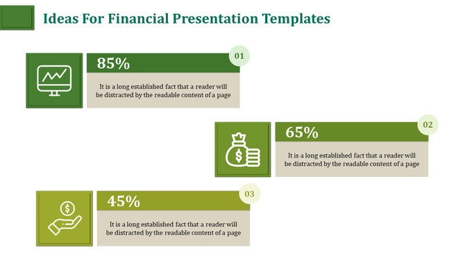 A financial slide with three sections, each displaying a percentage and icons representing growth, money, and finance.