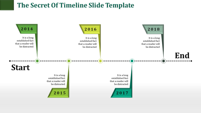 Timeline slide with five green arrow shaped markers and circular connectors on a dotted line spanning from start to end.