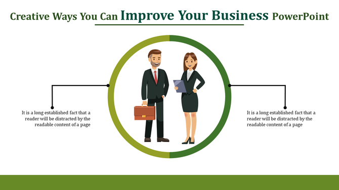 Business slide featuring a man and woman inside a green circle, with text boxes on either side for key points.