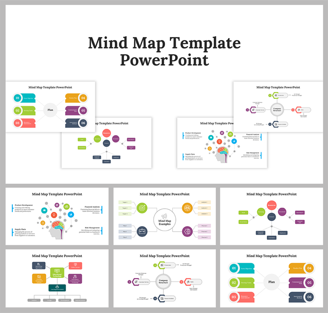 A slide deck of four mind map templates displayed with various circular and branching layouts in vibrant colors.
