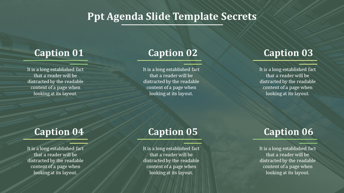 Agenda slide with six captions arranged in two rows on a green background featuring abstract line patterns.