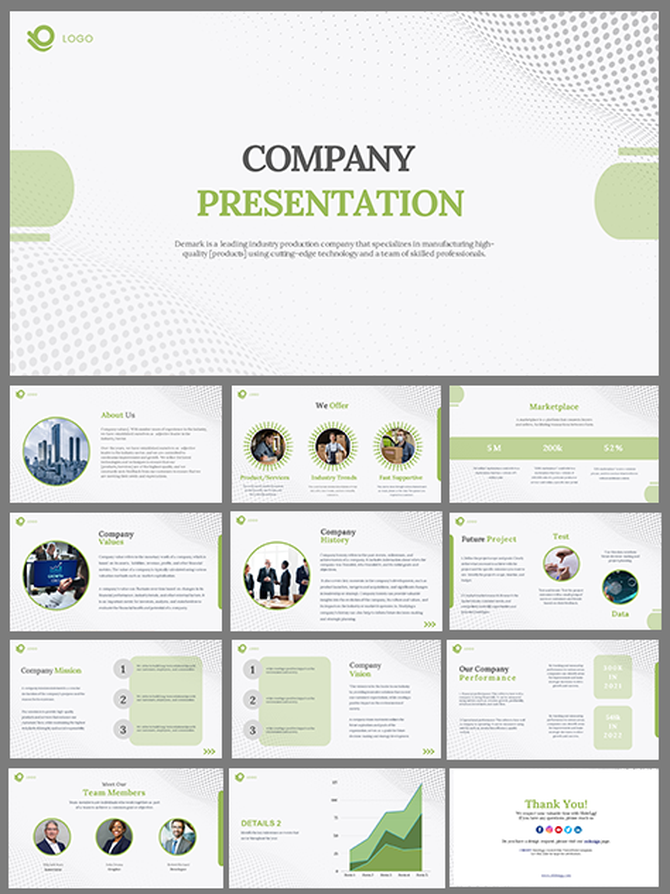 Company with slides covering introduction, services, mission, project highlights, vision, and team profiles.