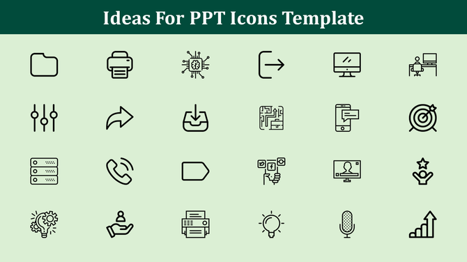 PowerPoint slide showcasing a collection of icons for diverse uses, including technology, communication, and productivity.