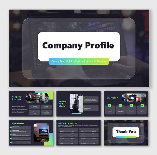 Professional company presentation highlighting mission, overview, product features, and market focus with sleek visuals.