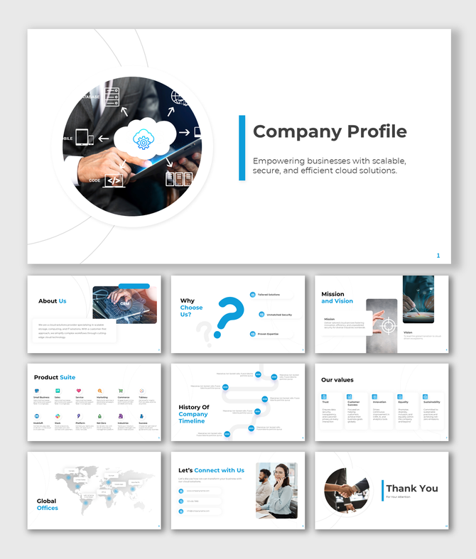 Company profile slides showcasing mission, product suite, global offices, values, and history with a focus on cloud solutions