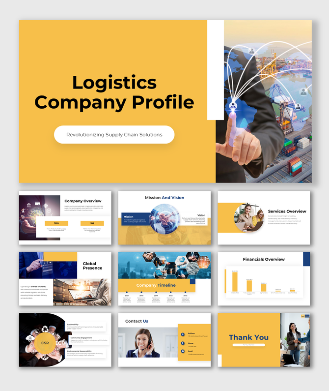 Modern logistics presentation with slides on services, company timeline, global operations, and sustainability initiatives.
