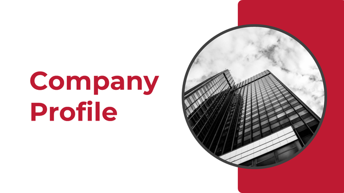 A company profile slide with a circular image of a tall building contrasted against a red accent background in a white theme.