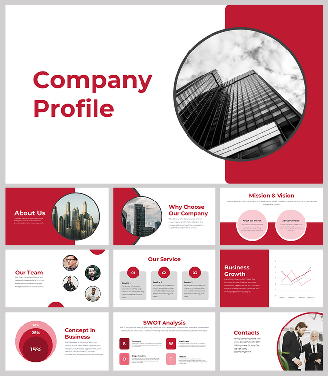 Company profile slides featuring red and white themes, with circular images, and sections for mission, services, and team.