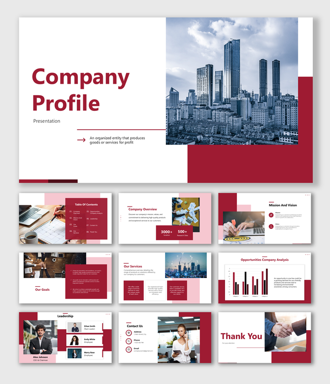Professional company profile template in red and white, with image placeholders and structured content sections.