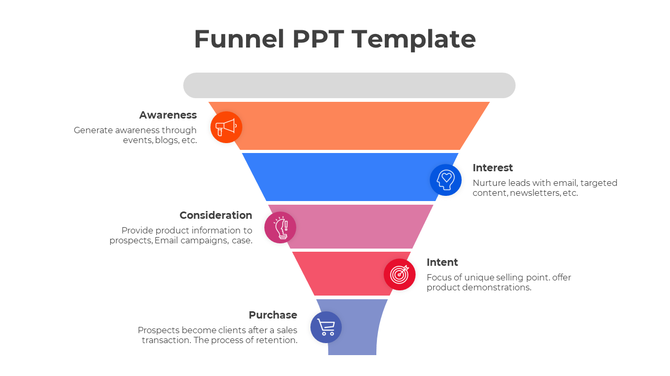 Sales funnel PowerPoint template illustrating marketing stages, from awareness to purchase, with icons and descriptions.