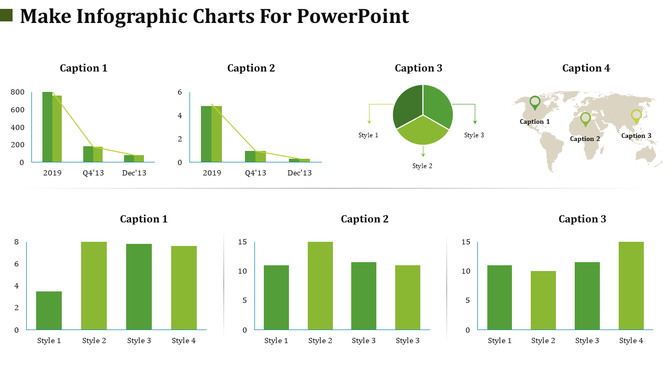 Infographic charts for PowerPoint slide featuring bar, pie, and map charts in different styles and colors.