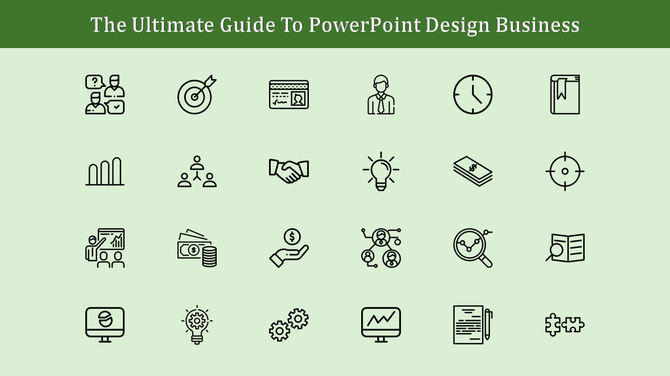 A collection of business icons for PowerPoint design, showcasing target, time, collaboration, and finance.