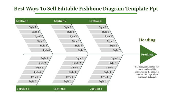 Fishbone diagram PowerPoint template with six captions, each having multiple styles for visual representation.