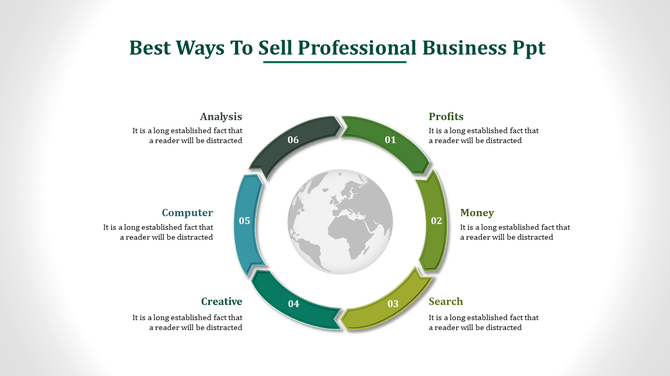 Professional business PowerPoint slide with a circular diagram, each section representing a different business strategy.