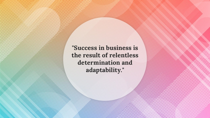 Inspirational business with abstract design in a white circular overlay on a gradient background with geometric patterns.