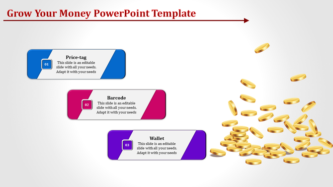 Money themed template with three labeled boxes on the left and a visual of gold coins stacked and scattered on the right.