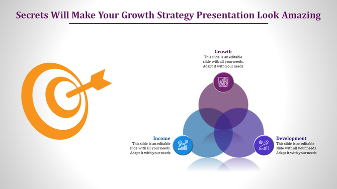 Growth strategy slide featuring a large orange target icon and three overlapping circles with caption areas.