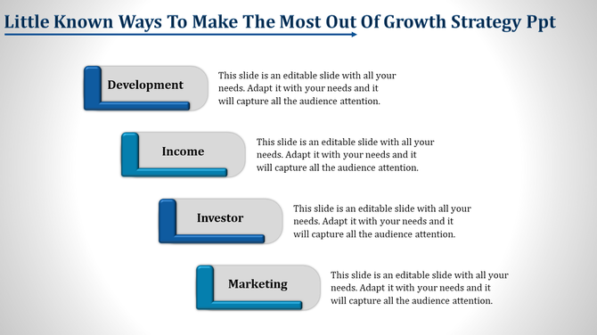 Growth strategy slide with four sections labeled Development, Income, Investor, and Marketing, each with captions.