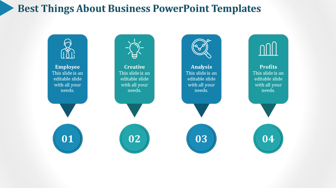Business infographic with four sections featuring icons and titles employee, creative, analysis, and profits.