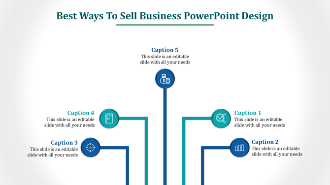 Business PPT slide design featuring five sections with icons for different business strategies, each with captions.